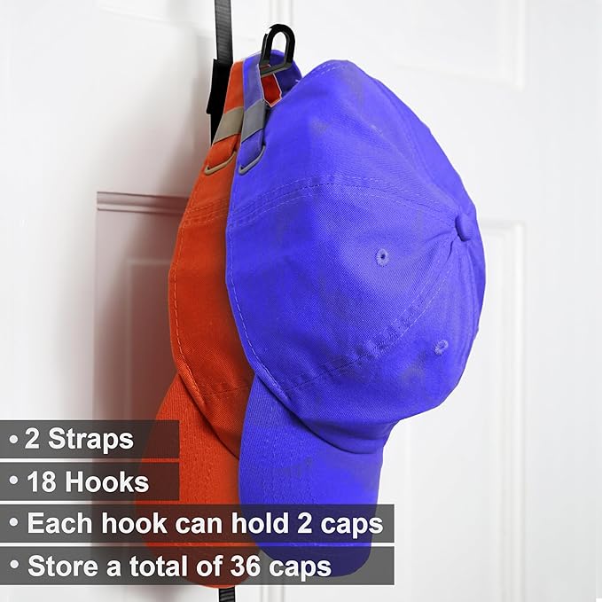 Perfect Curve FOR 8-FEET DOORS ONLY CapRack | Over-The-Door Hat Organizer for Baseball Caps | 2 Straps, Holds 18-36 Adjustable Caps | Black