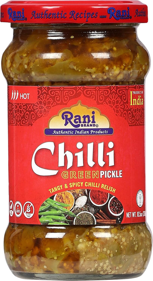 Rani Green Chilli Pickle Hot (Achar, Spicy Indian Relish) 10.5oz (300g) Glass Jar ~ Vegan | Gluten Free | NON-GMO | No Colors | Popular Indian Condiment, Indian Origin