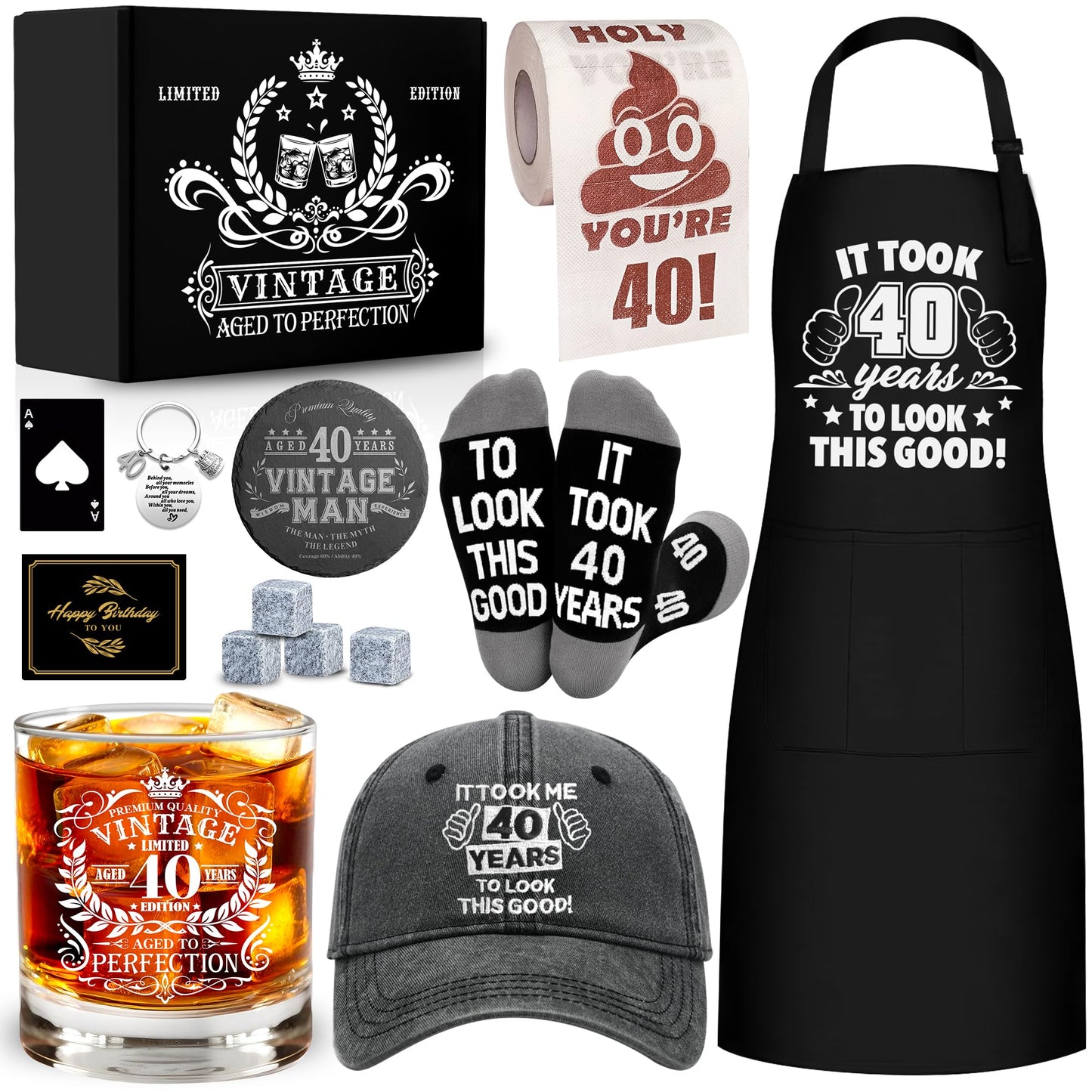 40th Birthday Gifts for Men Whiskey Glass Set, 40th Birthday Party Supplies with 11 Oz Whiskey Glass Coaster Stone Baseball Cap Apron Sock Funny Toliet Paper Keychain for Him, Dad, Husband, Friends