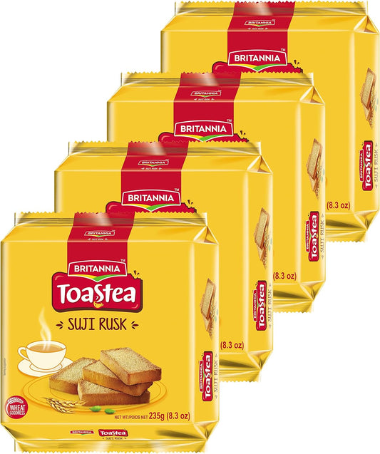 Britannia Toastea Suji Rusk 8.28oz (235g) - Biscotte De Semoule - Crispy Tea Time Snack - Crispy Crunchy Toast (Pack of 4)