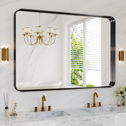 48X36 Inch Black Metal Framed Bathroom Mirror for Wall, Matte Black Vanity Mirror Farmhouse, Large Rounded Rectangle Mirror, Anti-Rust, Tempered Glass, Hangs Horizontally or Vertically
