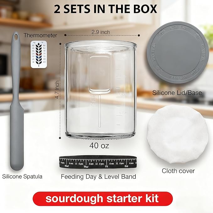 2 Pack Premium Pro Sourdough Starter Jar Kit - 40oz Large Wide Mouth Sourdough Bread Jar with Marked Feeding Band, Thermometer, Scraper, Cloth Cover & Silicone Lid/Base, Glass Container, Baking Supply