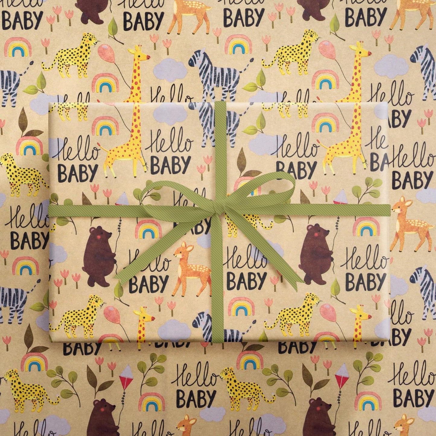 RUSPEPA 30" X 32.8' Baby Shower Wrapping Large Kraft Paper Roll, Jumbo Roll, Adorable Animal Design Kraft Gift Wrap Paper, Ideal for Baby Boy or Neutral Gift Wrapping, Kids' Birthday Party, 82 sq. ft.