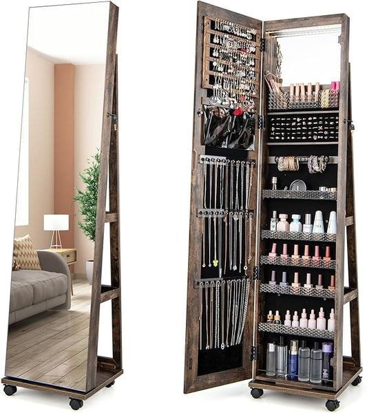 GOFLAME Jewelry Cabinet with Full Length Mirror, Lockable Jewelry Storage Organizer with Wheels, 3-Color LED Lights, Inner Mirror, Freestanding Jewelry Armoire with Rear Storage Shelves, Rustic Brown