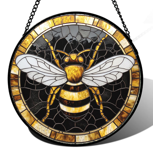 AMDERVEN Stained Glass Window Hanging - Black Gold Bee White Wings Sun Catcher for Door Home Decor Insect Suncatcher Christmas Mother's Day Birthday Gifts for Women Men Lovers Mom Nana 15 in