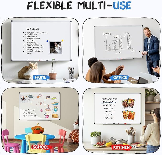 DUMOS Magnetic White Board Kit for Wall 36" x 24", Dry Erase Board with 1 Dry Eraser & 2 Multicolor Markers & 4 Magnetic Pins, Reinforced Aluminum Frame for Home, School & Office
