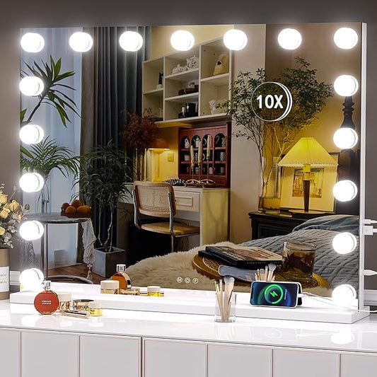 Hasipu 32" x24â Hollywood Vanity Mirror with Lights - Makeup Mirror with 17 Dimmable LED Bulbs, 10X Magnification, Touch Control, USB & Type-C Charging Port (Square White)