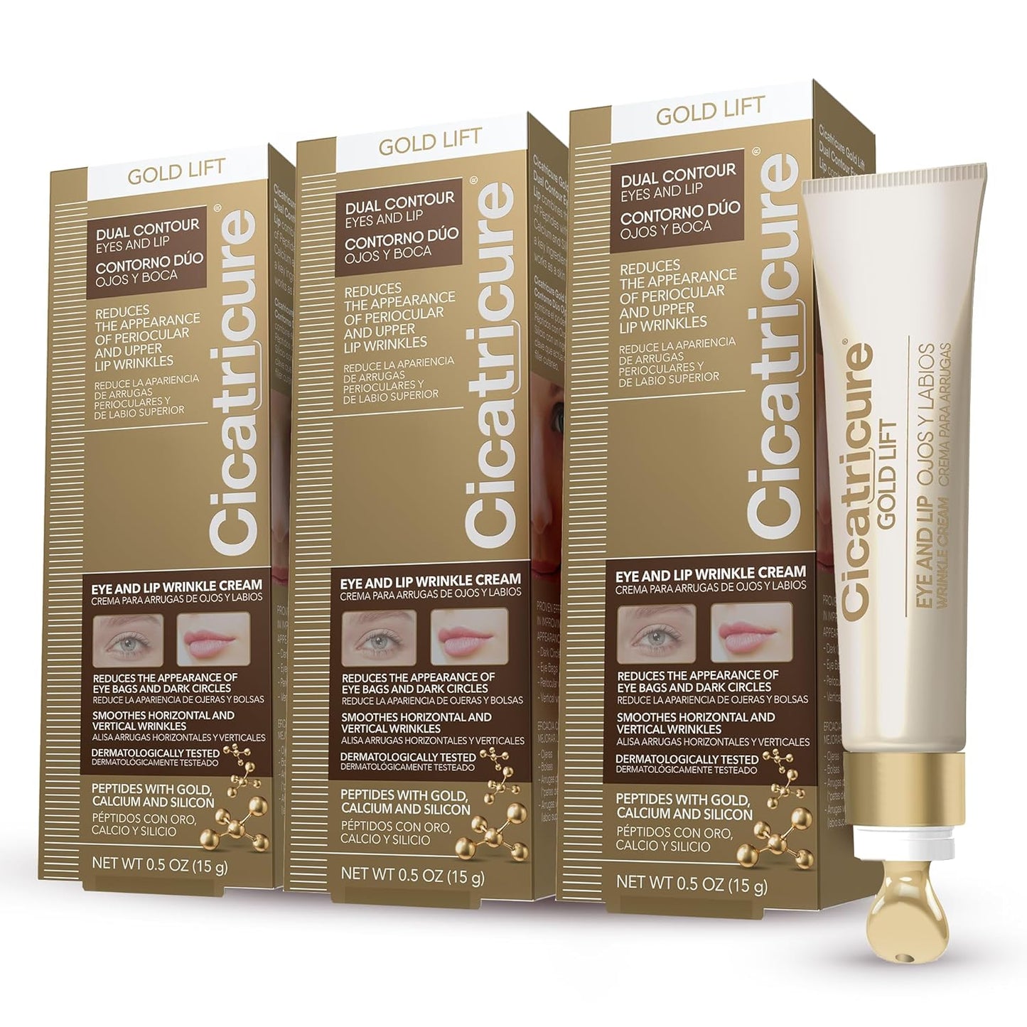 Cicatricure Gold Lift Dual Contour Eye and Lip Wrinkle Cream, Anti Aging Skin Care to Reduce Dark Circles, Puffiness & Expression Lines, 0.5 Ounce (Pack of 3)