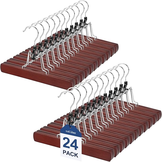 TOPIA HANGER 24 Pack Wooden Pants Hangers, Hair Extension Hangers Non Slip Skirt Hanger Wood Clamp with Velvet Padded 360Â° Swivel Hook for Jeans, Skirts, Trousers, Wigs Cherry CT68M