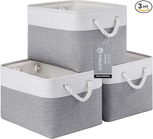 Large Storage Baskets- 15x11x10 inch Storage Bins for Shelves and Closet Organizing, Foldable Fabric Bin for Home Organization Clothes and Laundry (3-Pack, White&Gray)