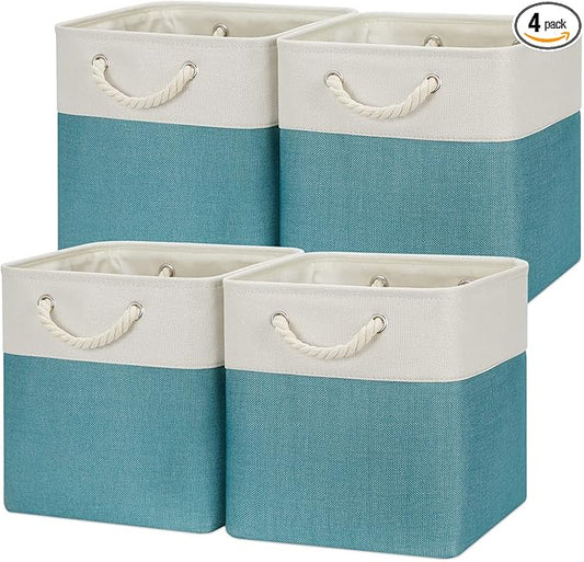 Temary Cubes Storage Baskets 12 Inch Cube Storage Bins for Shelf, Fabric Storage Cubes for Gift Empty Baskets for Home, Collapsable Box Basket for Storage (White&Teal)
