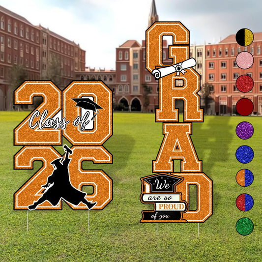 Graduation Yard Signs Class of 2026 Orange and Black Graduation Decorations - 4pcs Waterproof Large Size Glittering 2026 Grad Outdoor Lawn Decor with Stakes - High School College Congrats Grad Party