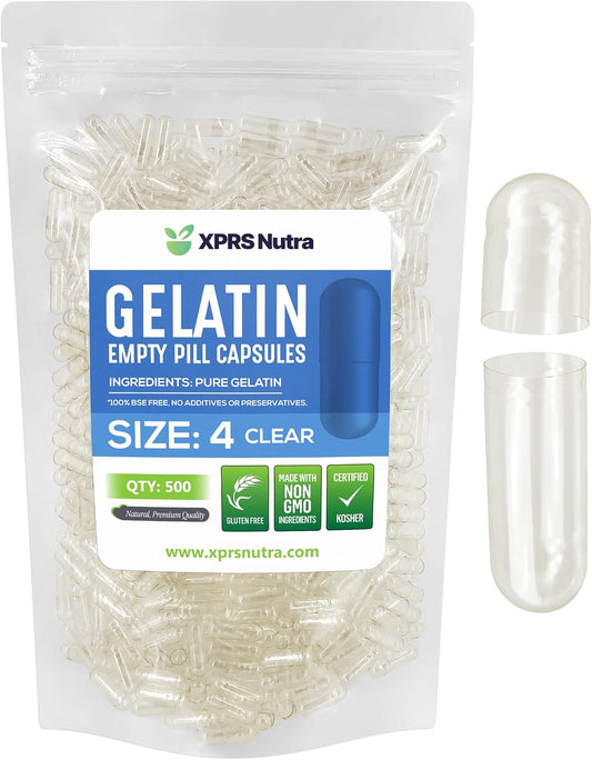 XPRS Nutra Size 4 Empty Capsules - 500 Count Small Clear Empty Gelatin Capsules - Pills DIY Capsule Filling - Fillable Pure Bovine Pill Gel Caps for Do-It-Yourself Supplements