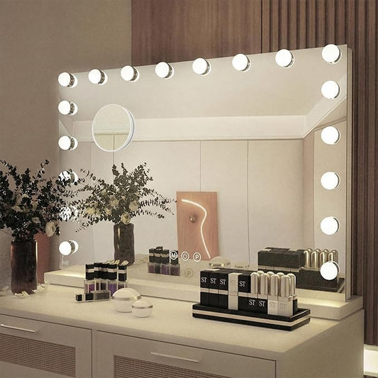 YOURLITE Vanity Mirror with Lights, 32"X25" Large Hollywood Mirror with Lights with 18 Bulbs, 3 Colors Modes & Adjustable Brightness,Vanity Mirror 10x Spot Mirror, USB Charging Port