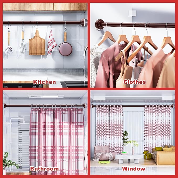 Ausemku Shower Curtain Rod - 32-68 Inch Rustproof Tension Rod, Non-Slip Spring Design, No Drilling Adjustable Curtain Rod for Bathroom, Kitchen, and Closet（Brown）