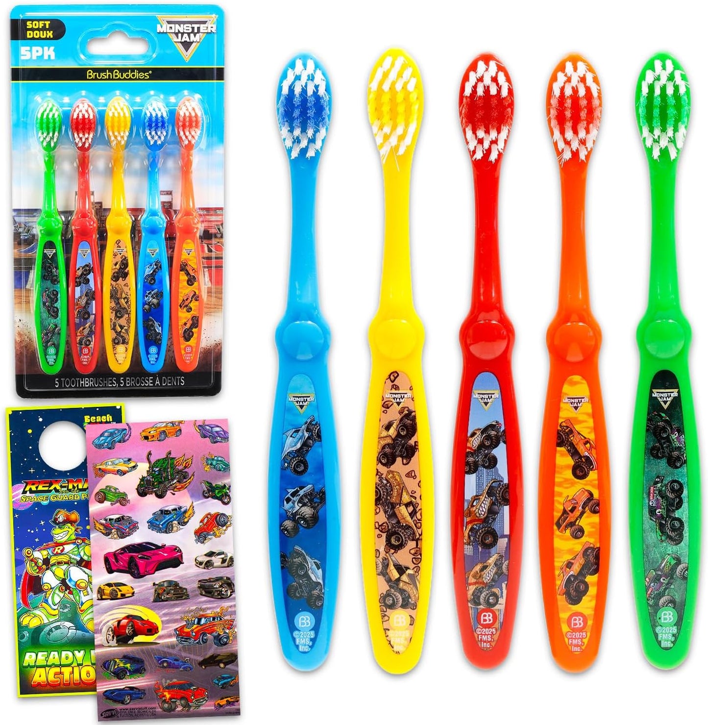 Monster Jam Toothbrush Set - Bundle with 5 Toothbrushes Featuring Trucks Plus Stickers, More | Mosnter Jam Oral Hygiene Kit for Kids and Toddlers