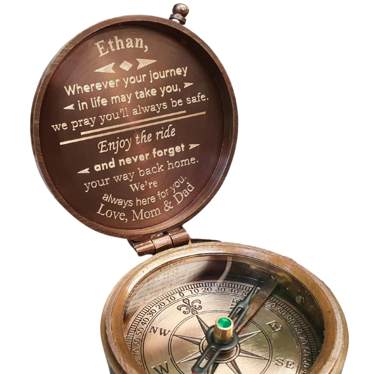 SFdizayn Engraved Compass Gift for Son or Grandson – Personalized Brass Pocket Compass – Custom Keepsake from Dad, Mom, or Grandparents – Graduation, Birthday, Christmas, or Inspirational Gift