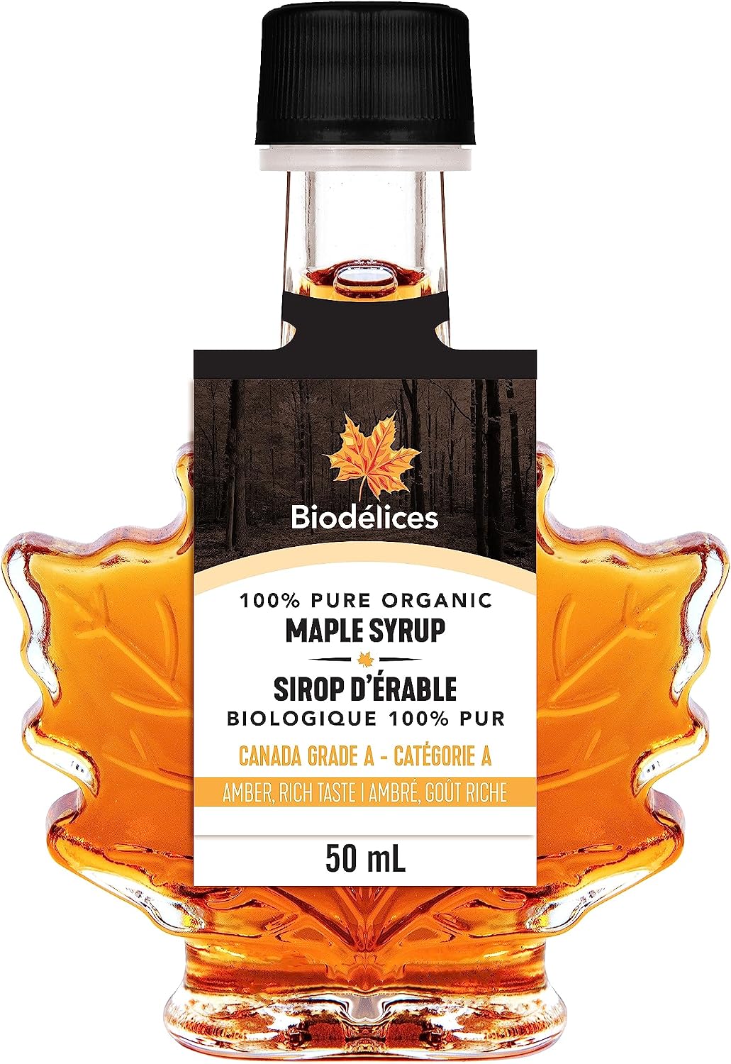 100% Pure Organic Maple Syrup - Premium Grade A - Quebec's Finest in Elegant Maple Leaf Bottle from Biodélices (1.69 Fl Oz (Pack of 1), Maple (CA GRADE A))