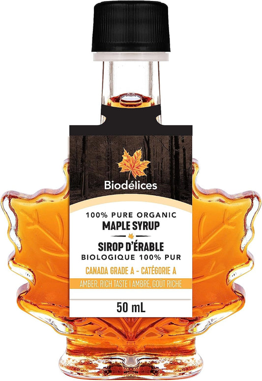 100% Pure Organic Maple Syrup - Premium Grade A - Quebec's Finest in Elegant Maple Leaf Bottle from Biodélices (1.69 Fl Oz (Pack of 1), Maple (CA GRADE A))