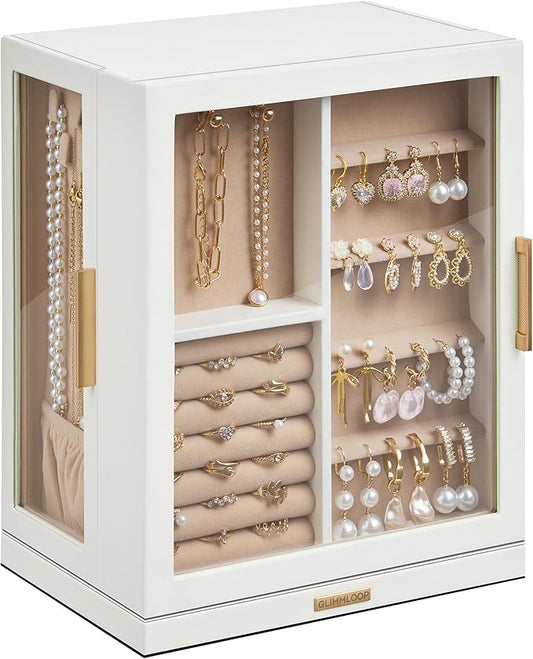360Â° Rotating Jewelry Box with 5 Drawers, Spacious Vertical Jewelry Organizer with Glass Window, Jewelry Storage Case, Dustproof & Moisture-resistant Design, White