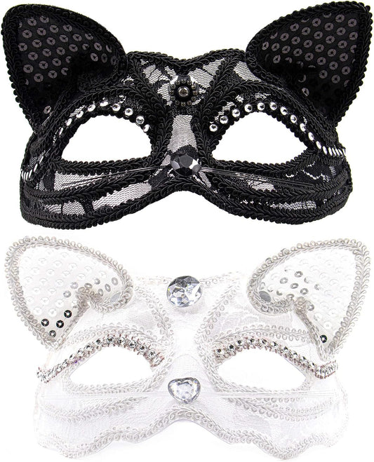 AUEAR Luxury Sexy Cat Masquerade Mask with Beads Decoration - Venice Style Half Face Ball Mask