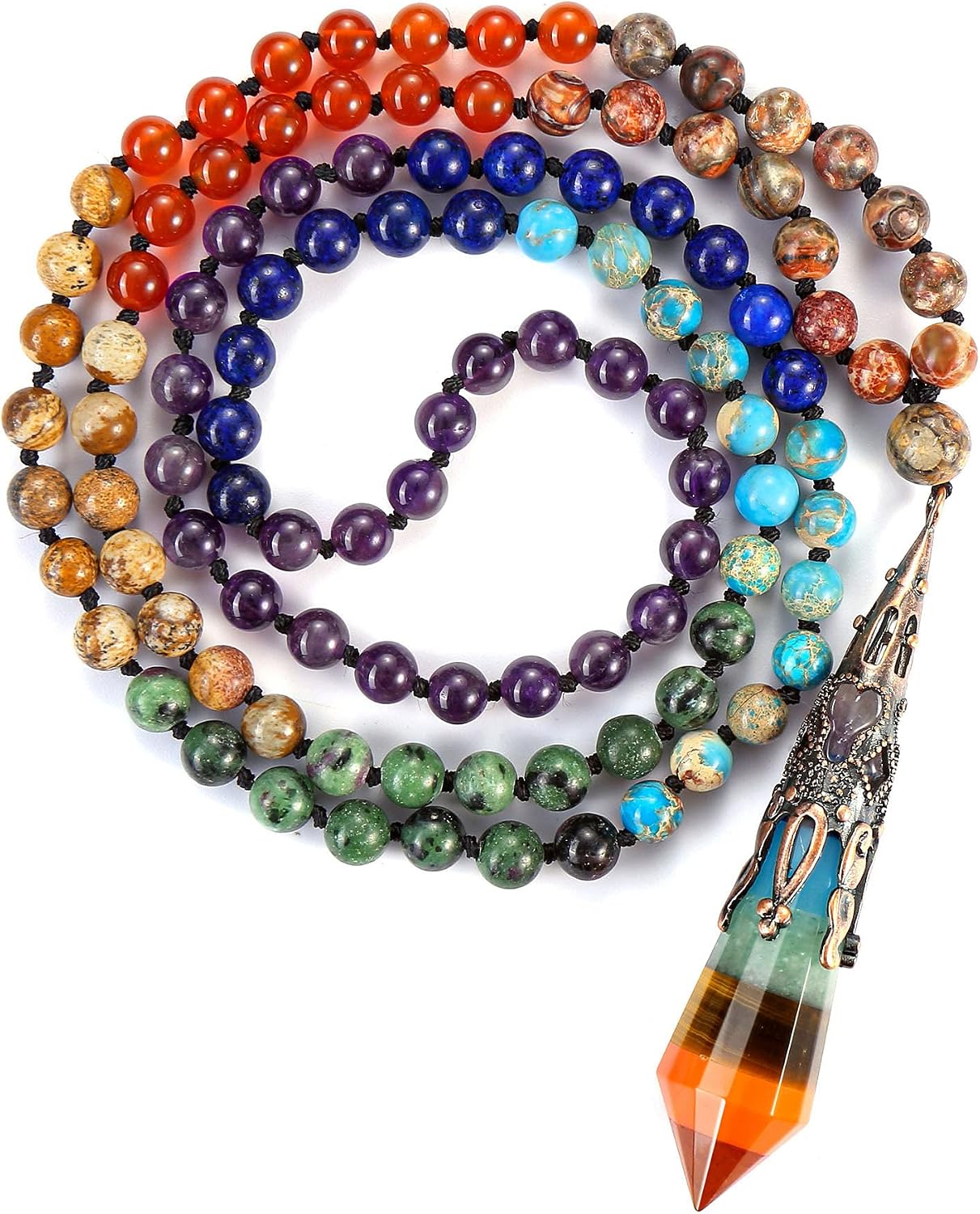 GEHECRST Natural 7 Chakra 108 Mala Prayer Beads Necklace with Reiki Healing Crystal Pointed Pendant 6mm Gemstones Beads Necklace Mens Womens Jewelry for Meditation, Protection