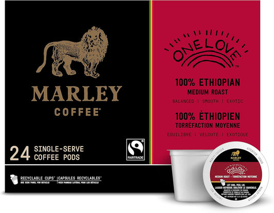 Marley Coffee One Love, 100% Ethiopian, Medium Roast Coffee, Keurig K-Cup Brewer Compatible Pods, 24 Count