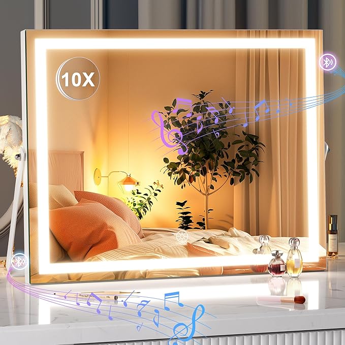 Hasipu Vanity Mirror with Lights and Bluetooth Speaker, 17.7" x 13.8" LED Makeup Mirror with 10X Magnification, Smart Touch 3 Colors Dimmable, Brightness Adjustment, 360Â° Rotation, White