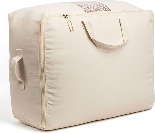 Soft Canvas Storage Bags with Zipper. Thick Breathable, 1pc King/Queen Comforter Organizer. Four Carrying Handles and Window. Large 25x19x9in Bag for Sheets Blankets Bedding Pillows, Clothes