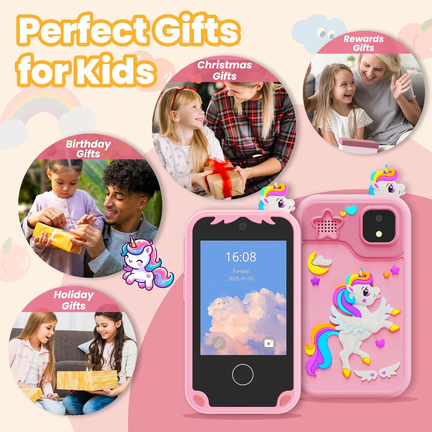 Kids Phone for Girl Toys, Kids Camera Toy Smart Phone Birthday Gifts Toddler Ages 2, 3, 5, 7, 8, 10 Year Old, Educational Learning Toys with 2.8" Touchscreen, Music Player, Video Player, Game (Pink)