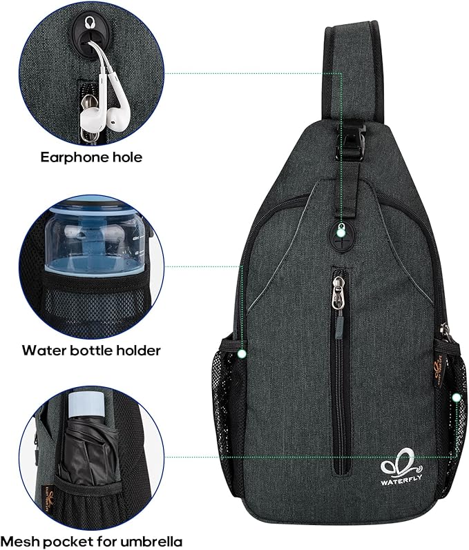 WATERFLY Crossbody Sling Backpack Sling Bag Travel Hiking Chest Bag Daypack