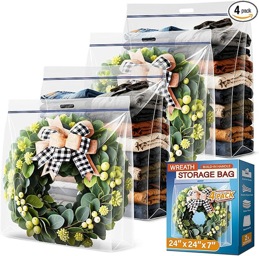 Extra Large Wreath Storage Bag, 24"x24"x7", Clear Storage Bag with Handle, Summer Christmas Decoration Garland Container for Seasonal Thanksgiving Holiday Artificial Wreath, 4 Pack