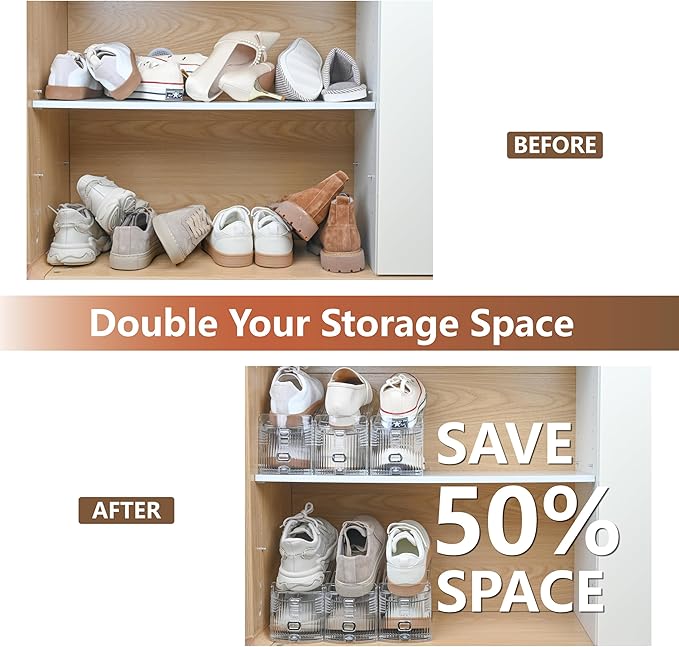 Clear Shoe Slots Organizer for Closet, 20-Pack Adjustable Shoe Stacker & Space-Saving Shoe Storage for a Variety of Spaces, Double Deck Organizer (Transparent)