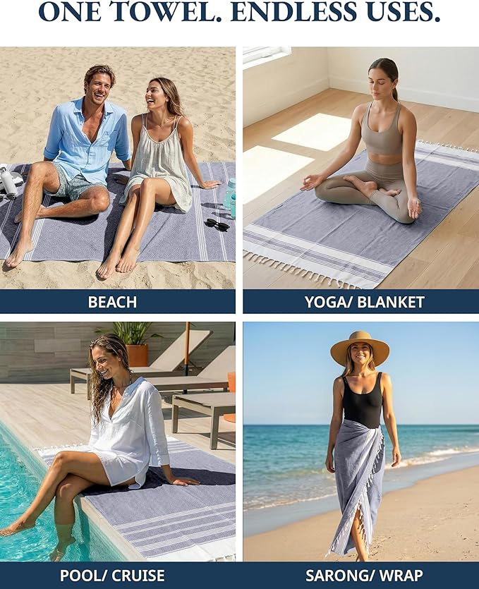 LANE LINEN Turkish Beach Towels, Extra Large Beach Towel, Pre-Washed for Soft Feel, Oversized Sand Free Quick-Dry Pool Towel, Beach Towels for Adults, 39"x71" - Navy Blazer