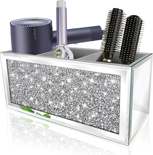 Mirror Hair Dryer Holder. Crystal Crush Diamond Hair Tool Organizer Wall Mount. Silver Bathroom Cabinet Tray for Blow Dryers, Hairdryer Straightener, Brushes and Combs.(10.5âx4âx5â)