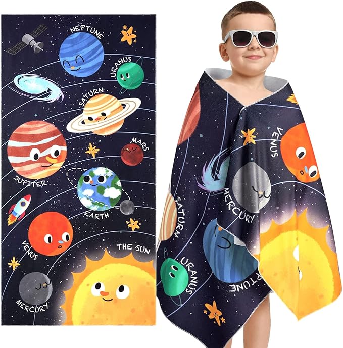 WERNNSAI Planet Kids Beach Towel for Boys - 30” x 60” Planet Sand Free Swim Towels for Boys Bath Pool Camping Travel Towel Quick Dry Ultra Absorbent Super Soft Beach Blanket Bath Shower Towel