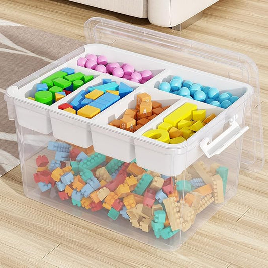 40Qt Large Stackable Storage Bin with Lid & Tray, Clear Plastic Latching Box Organizer with Divider Portable 10Gal Container for Arts & Crafts, Home and Car Trunk Organization, 1Pack