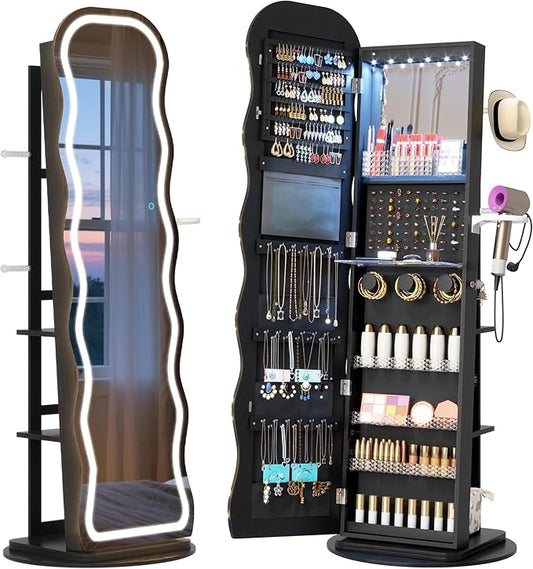 Vlsrka LED Mirror Jewelry Cabinet Standing, 360Â° Swivel Jewelry Aromire Organizer with Wavy Mirror, Lockable Jewelry Mirror with Storage, Jewelry Cabinet, Interior Mirror, Flodable Shelf, Black