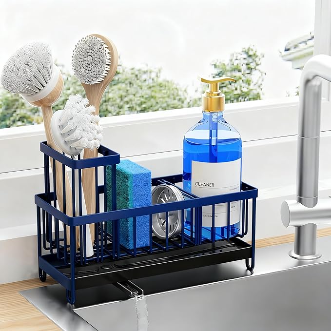 Cisily Sponge Holder for Kitchen Sink, Sink Caddy Organizer with High Brush Holder, Kitchen Countertop Organizers and Storage Essentials, Rustproof 304 Stainless Steel (Navy Blue, 9.25â³)