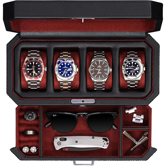 ROTHWELL 4 Slot Leather Watch Box with Valet Drawer - Luxury Case Display Jewelry Organizer, Locking Display Case Holder with Real Glass Top - Watch Box Organizer for Men & Women (Red)