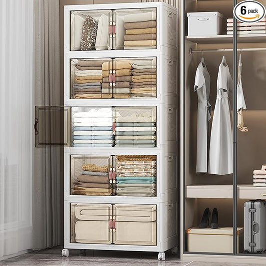 Extra Large Stackable Storage Bins with Lids & Wheels & Door, 560QT-112QT/28GAL*5Pack Foldable Collapsible Closet Organizers, Plastic containers drawers for bedroom Dorm