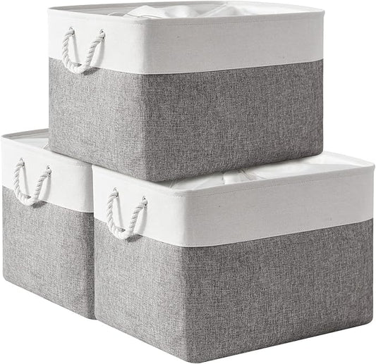 TheWarmHome Storage Bins Baskets for Organizing, 20.5LÃ15.7WÃ13.8H 3 Pack Sturdy Fabric Storage Basket W/Handles, Decorative Foldable Storage Baskets for Shelves Closet Nursery Toy (White & Grey)