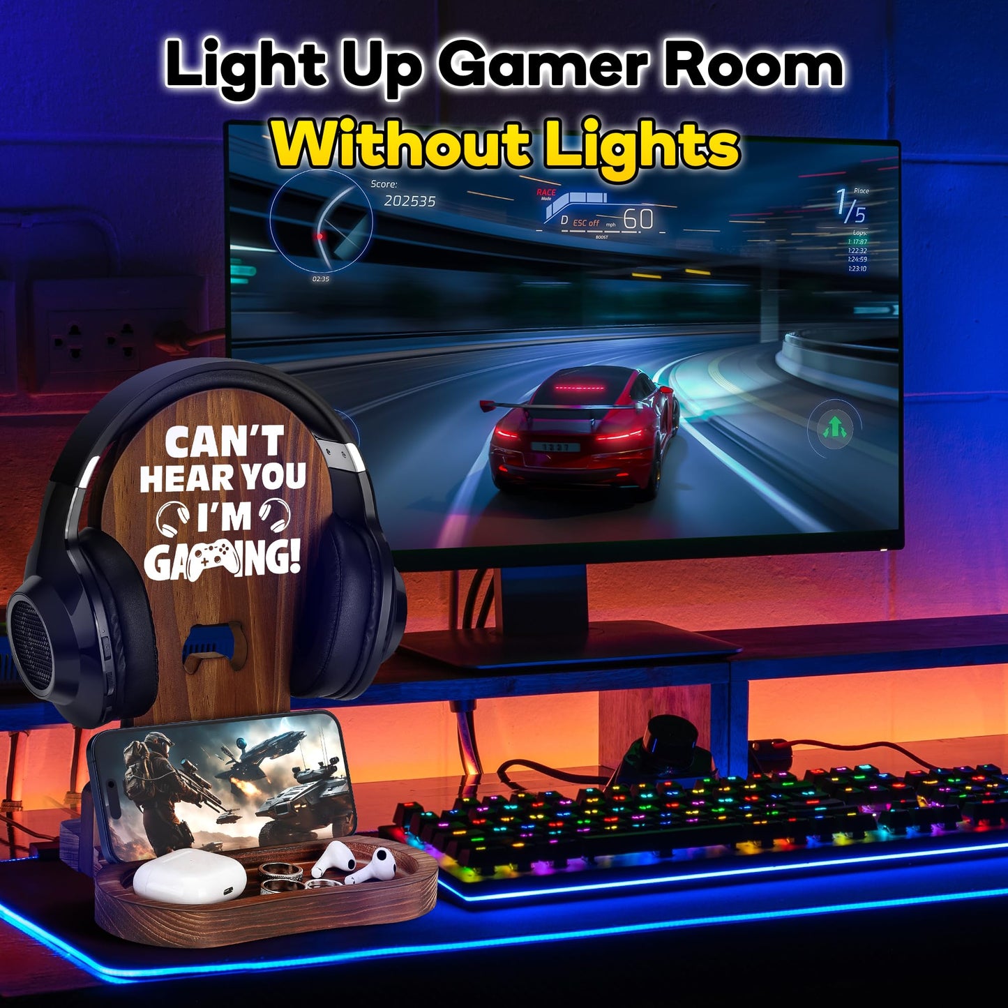 Slothoem-Gamer Gifts for Men Teenage Boy, Gamer Room Decor for Brother, Gaming Gifts for Son, Boyfriend, Husband, Gamer Room Accessories Stuff, Wooden Headset Stand - Can't Hear You I'm Gaming