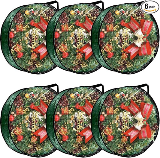 6 Pack Wreath Storage Container 30 Inch Wreath Storage Bag Clear Christmas Wreath Boxes Container with Sturdy Handles for Holiday Seasonal Decoration, Green