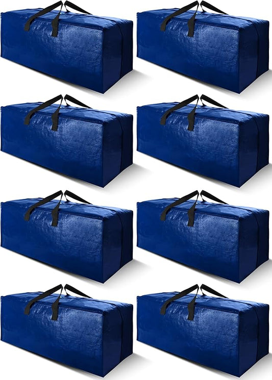 Cosy Family 8 Pack Heavy Duty Extra Large Moving Bags with Backpack Straps - Strong Handles & Zippers, Storage Totes For Space Saving, Fold Flat, Alternative to Moving Box (40 gal, Blue)