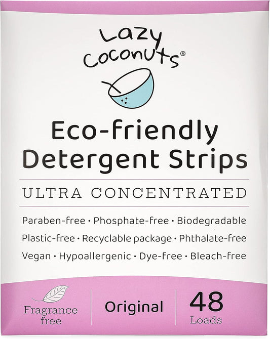 LAZY COCONUTS Eco Friendly, Plant Powered Laundry Detergent Strips - Fragrance Free, Unscented, Ultra Concentrated, Earth Friendly No Plastic - Lightweight and Perfect For Home, Dorms, Travel, Camping