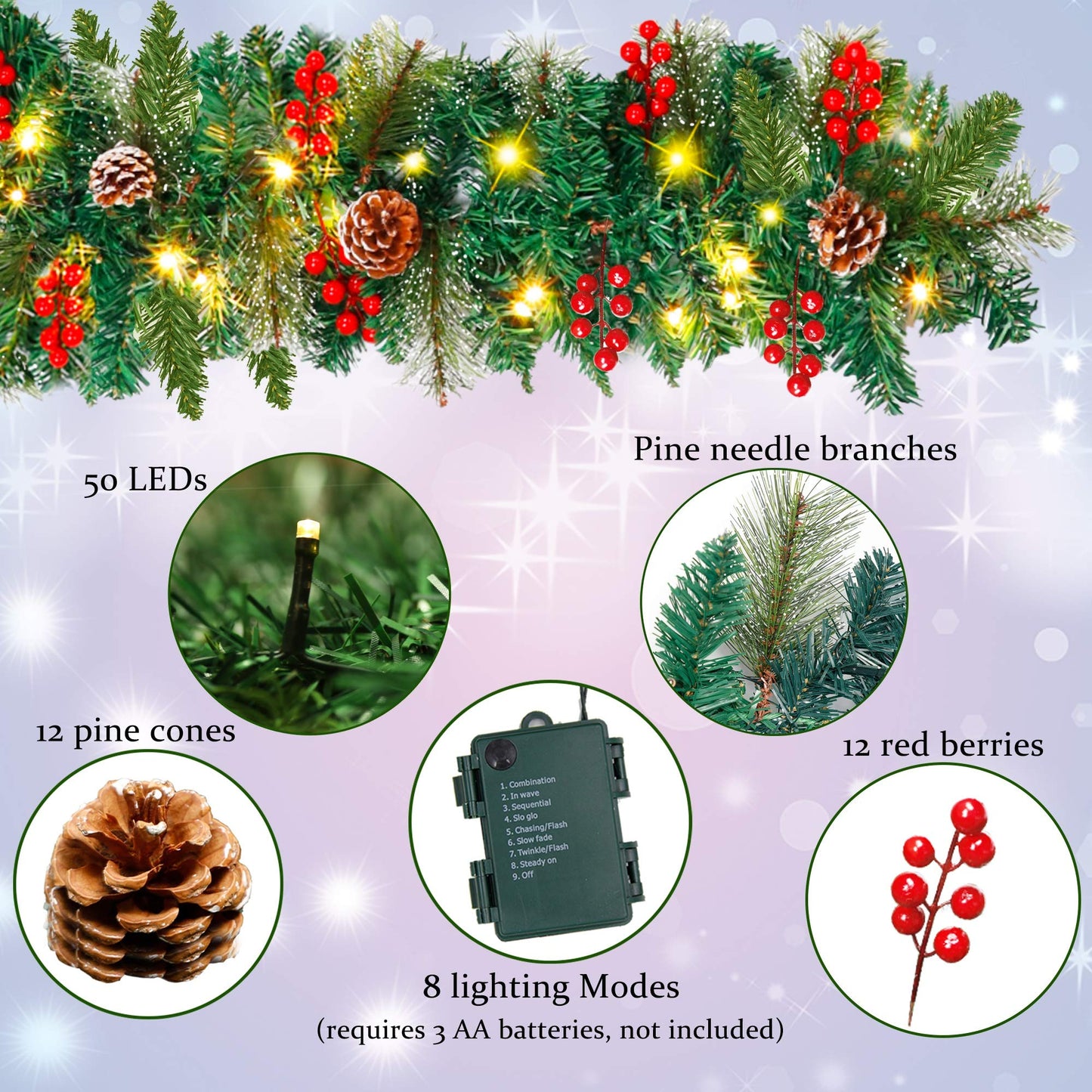 ATDAWN 9 Foot Christmas Lighted Garland, Battery Operated Christmas Garland with Lights, Garland Wreath with Pine Cones for Indoor Home Winter Holiday New Year Xmas Decorations