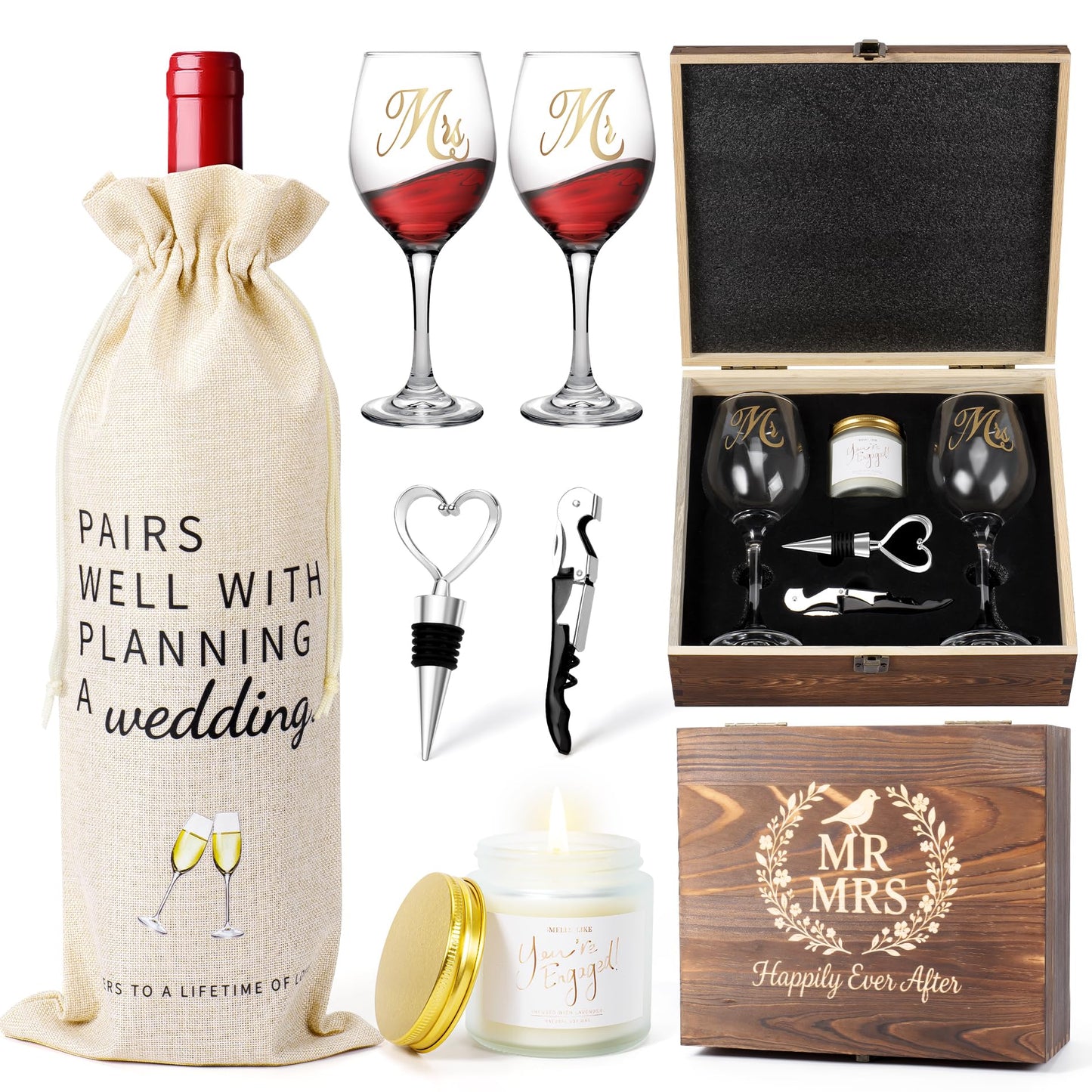 LOMEVE Mr and Mrs Engagement Gifts for Couples, Bridal Shower Gift, Wedding Gifts for Newlywed - Wine Glasses Set of 2, Wine Stopper and Opener, Wine Bag, Scented Candle, Engraved Wooden Keepsake Box