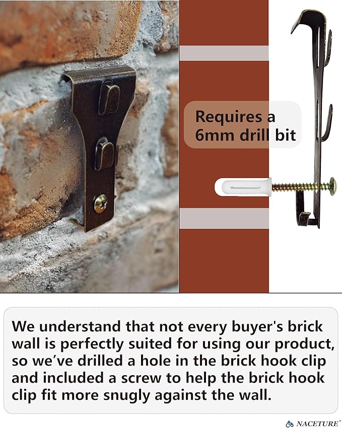 NACETURE Brick Hook Clips (8 Pack) – Designed for 2.25"–2.40" Standard Bricks – Requires ≥1/8" Mortar Recess – No-Drill Metal Brick Hangers for Indoor & Outdoor Décor