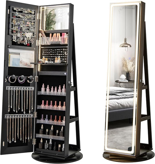 CHARMAID Swivel LED Mirror Jewelry Cabinet Armoire, Full Length Mirror with Storage, 3 Color & Adjustable Lights, Lockable Standing Jewelry Organizer with Lighted Mirror (Black)